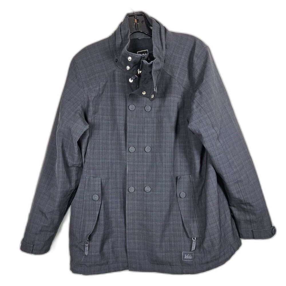 REI Co-op Charcoal Gray Plaid Crosshatch Double Breasted Rain Winter Coat Jacket